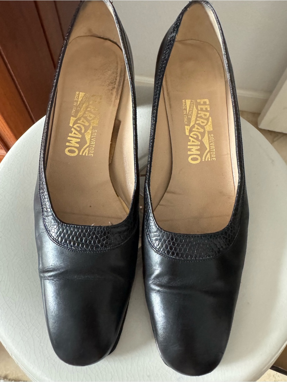 Vintage Salvatore Ferragamo Black Leather Low Block Heel Pumps - Picture 2 of 9